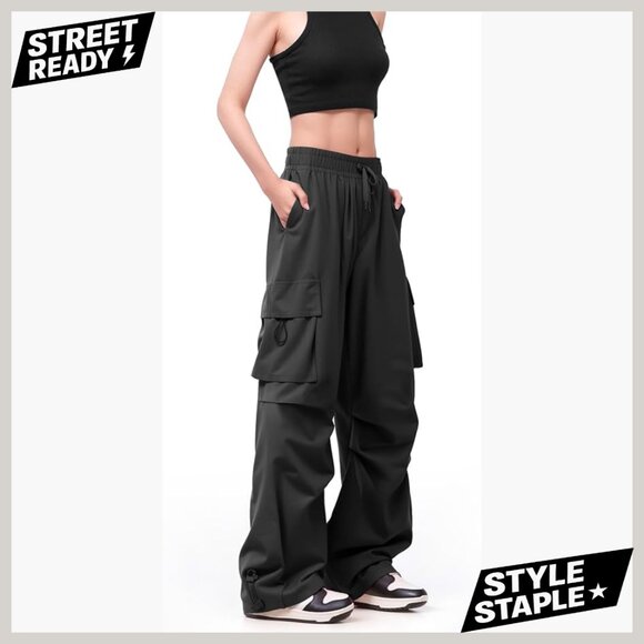 Pants - High Waisted Parachute Cargo Pants with 6 Pockets Quick Dry Water-Resistant